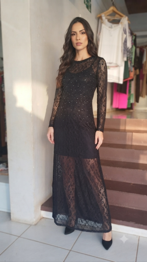 T shirt Longa Renda Preto